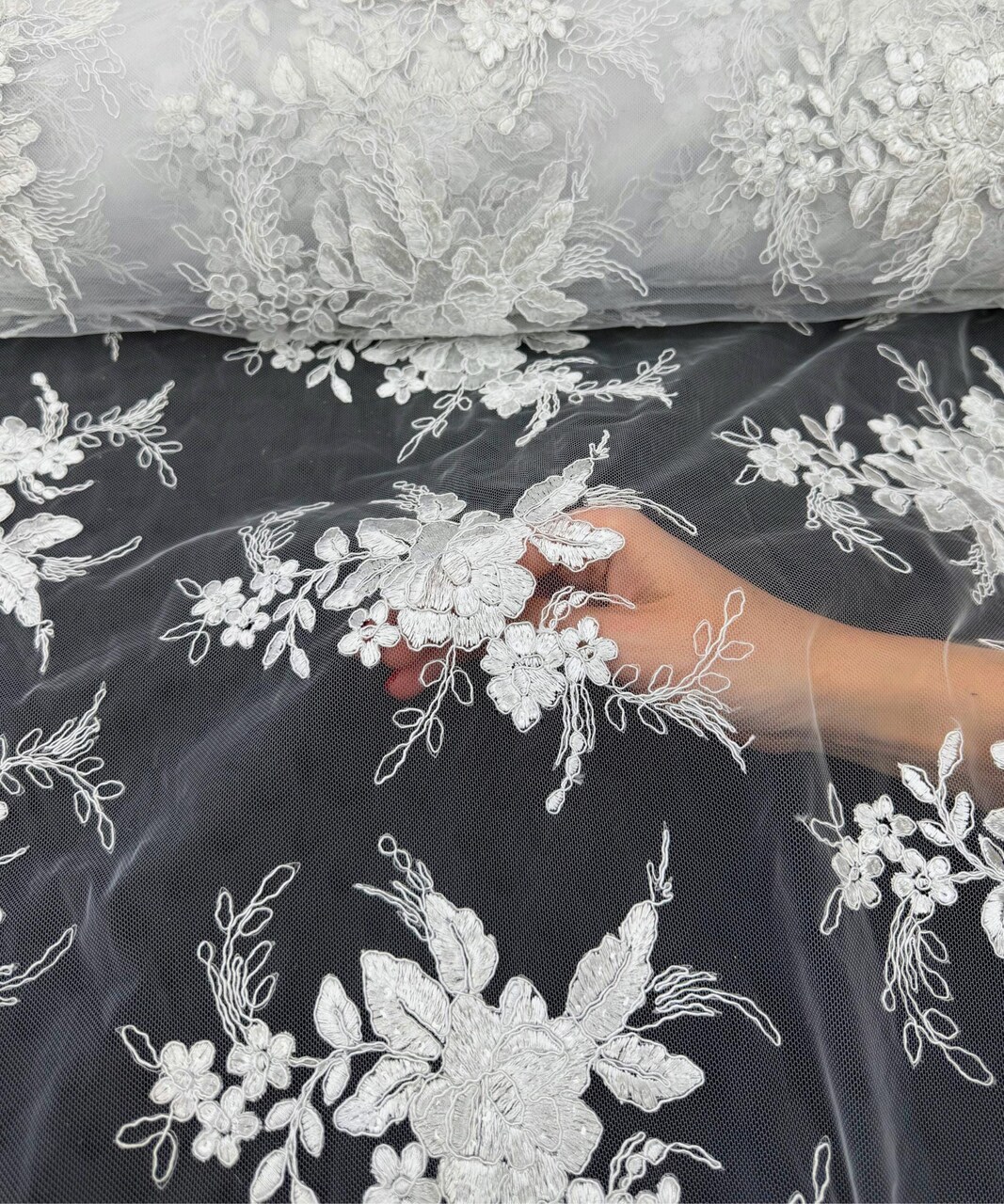 White Sequin Embroidered Lace Fabric by the Yard, 54" Wide Floral Mesh Lace with Double Scalloped Edges